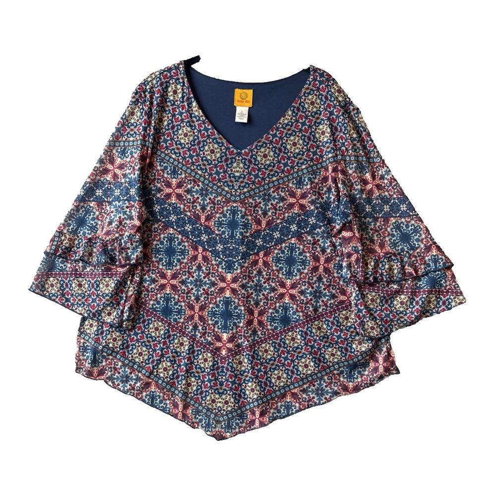 Ruby Rd Flowy Medallion Pattern Ruffle Sleeve Asymmetrical Blouse L Boho Art